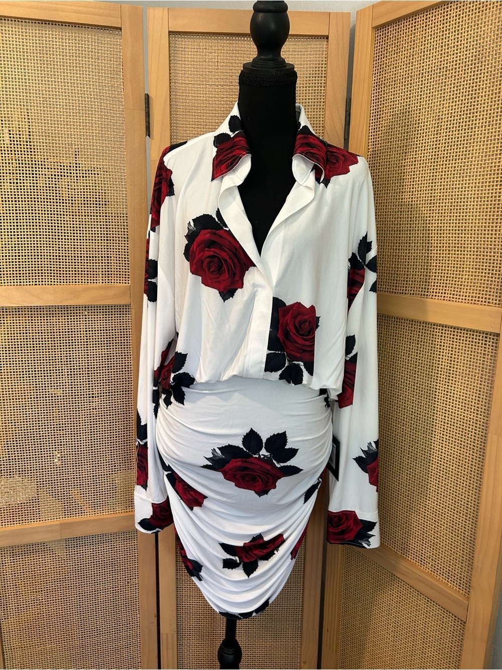 Norma Kamali Red Rose Print Shirred Mini Dress NWT Size M